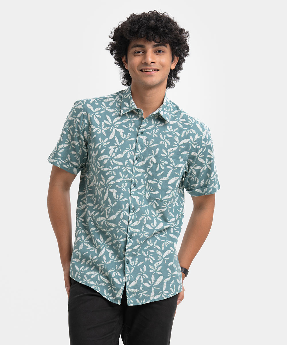 Sea Green Cotton Short Sleeve Casual Shirt